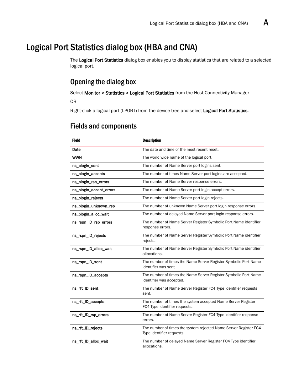 Logical port statistics dialog box (hba and cna), Opening the dialog box, Fields and components | Brocade Communications Systems CNA User Manual | Page 131 / 228