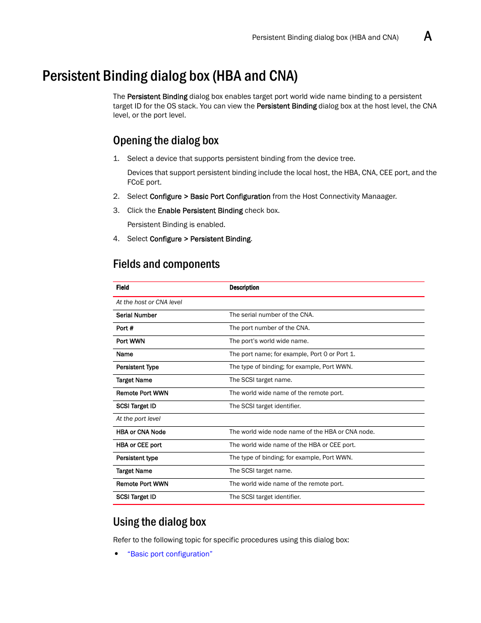 Persistent binding dialog box (hba and cna), Opening the dialog box, Fields and components using the dialog box | Brocade Communications Systems CNA User Manual | Page 137 / 228