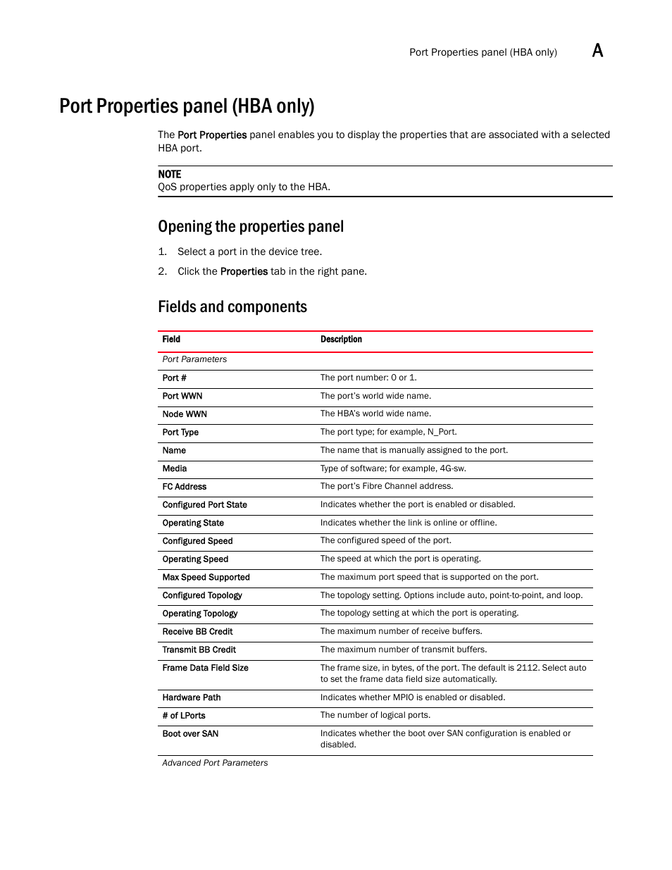 Port properties panel (hba only), Opening the properties panel, Fields and components | Brocade Communications Systems CNA User Manual | Page 139 / 228