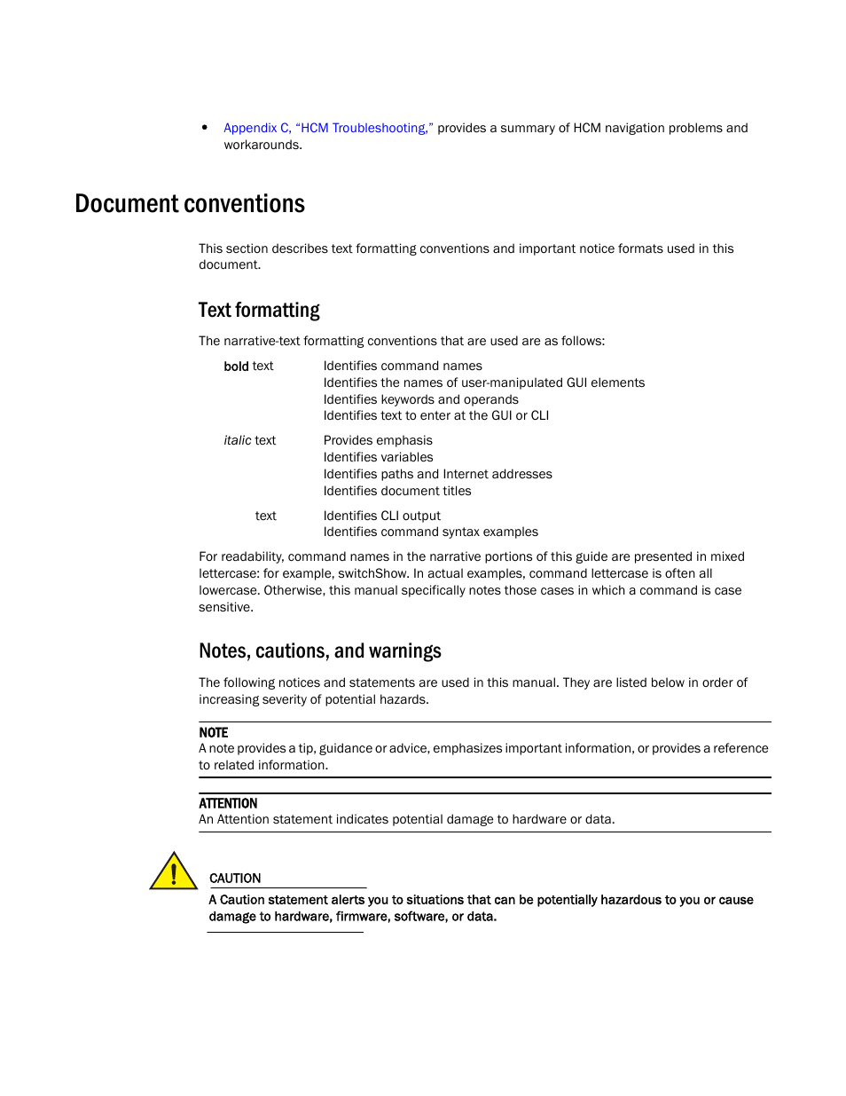 Document conventions, Text formatting, Notes, cautions, and warnings | Brocade Communications Systems CNA User Manual | Page 14 / 228