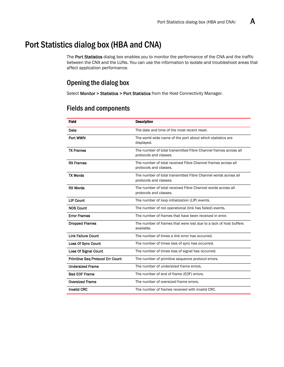 Port statistics dialog box (hba and cna), Opening the dialog box, Fields and components | Brocade Communications Systems CNA User Manual | Page 141 / 228