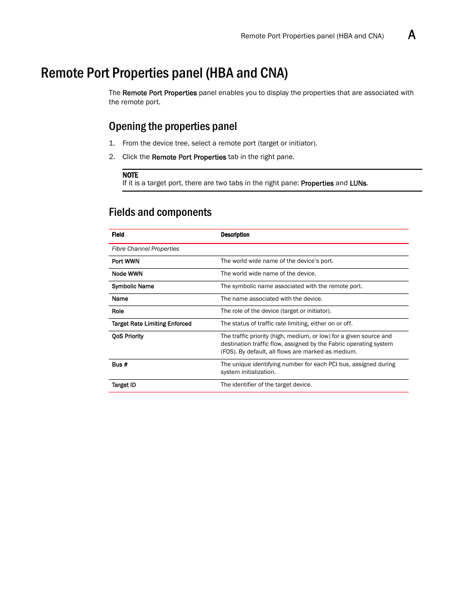 Remote port properties panel (hba and cna), Opening the properties panel, Fields and components | Brocade Communications Systems CNA User Manual | Page 145 / 228
