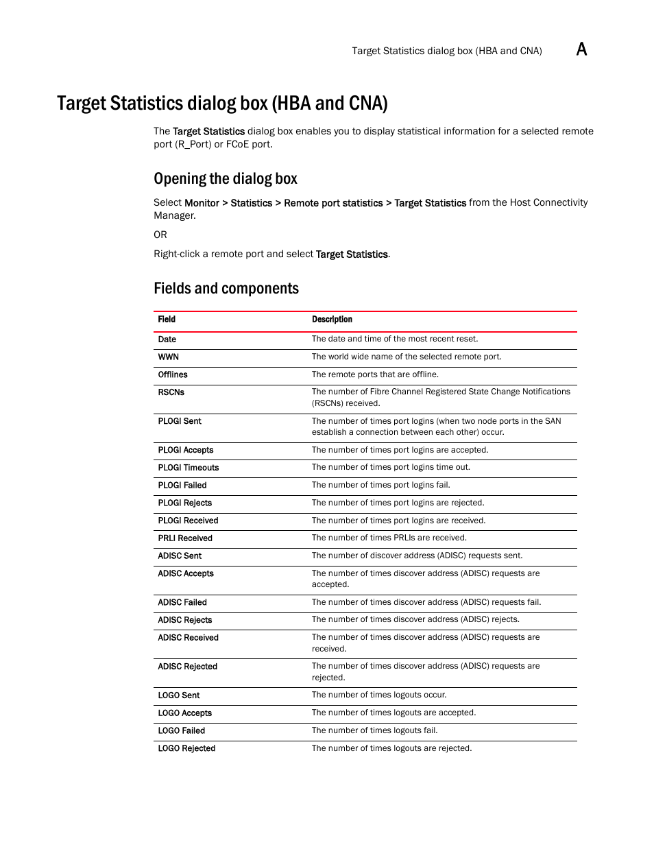 Target statistics dialog box (hba and cna), Opening the dialog box, Fields and components | Brocade Communications Systems CNA User Manual | Page 149 / 228