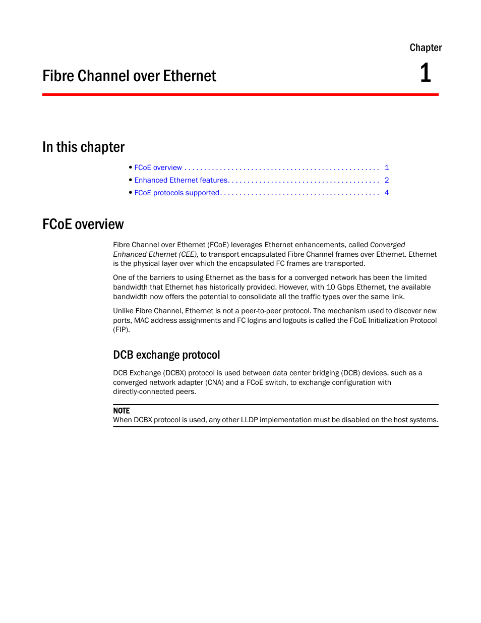 Fibre channel over ethernet, In this chapter, Fcoe overview | Dcb exchange protocol, Chapter 1, Chapter 1, “fibre channel over ethernet | Brocade Communications Systems CNA User Manual | Page 19 / 228