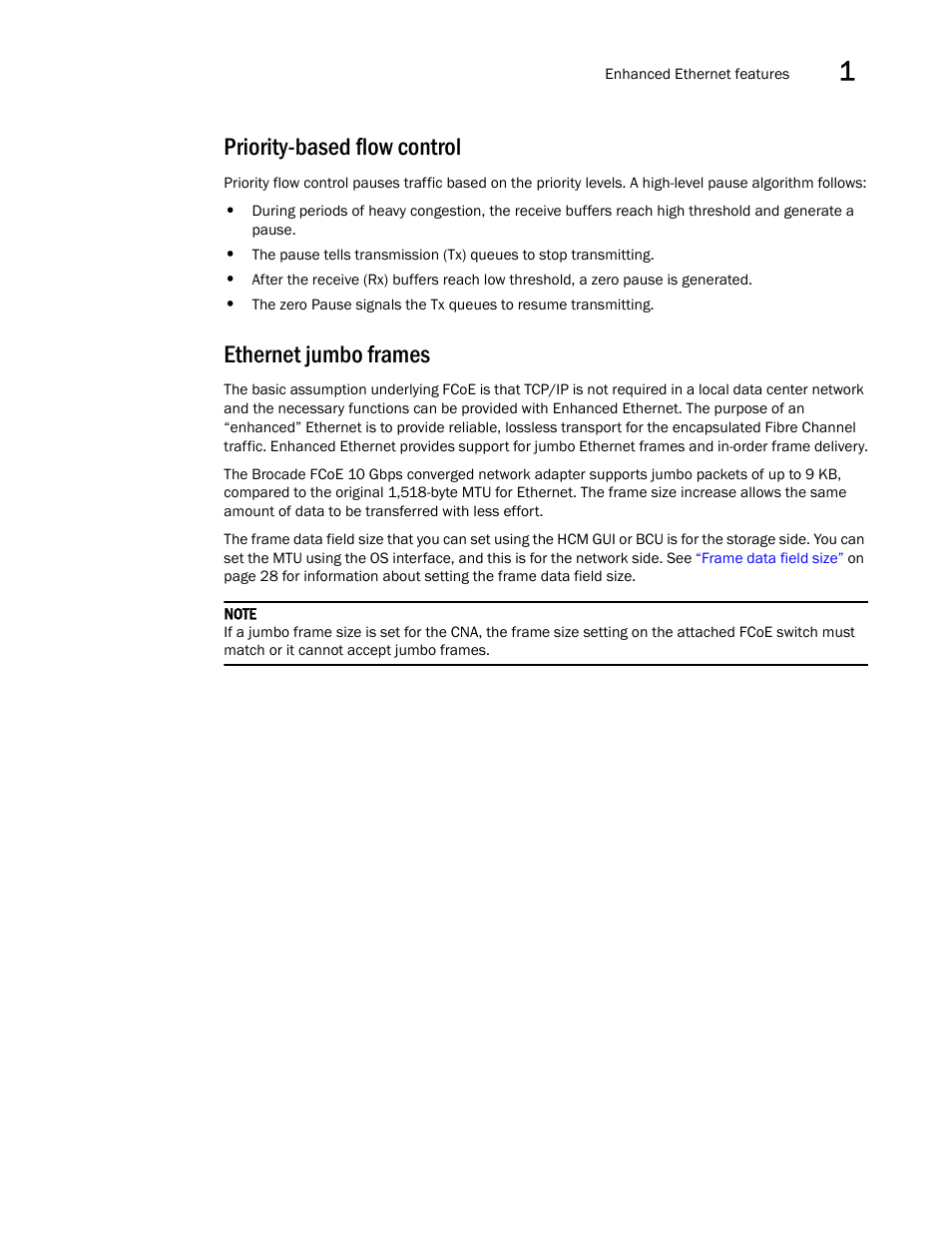 Priority-based flow control, Ethernet jumbo frames, Priority-based flow control ethernet jumbo frames | Brocade Communications Systems CNA User Manual | Page 21 / 228