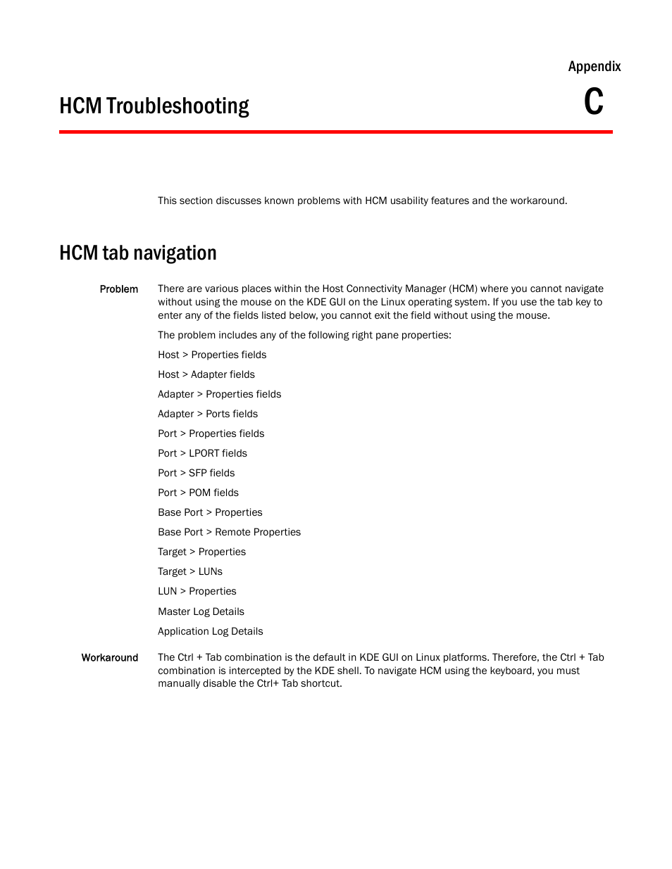 Hcm troubleshooting, Hcm tab navigation, Appendix c | Brocade Communications Systems CNA User Manual | Page 217 / 228