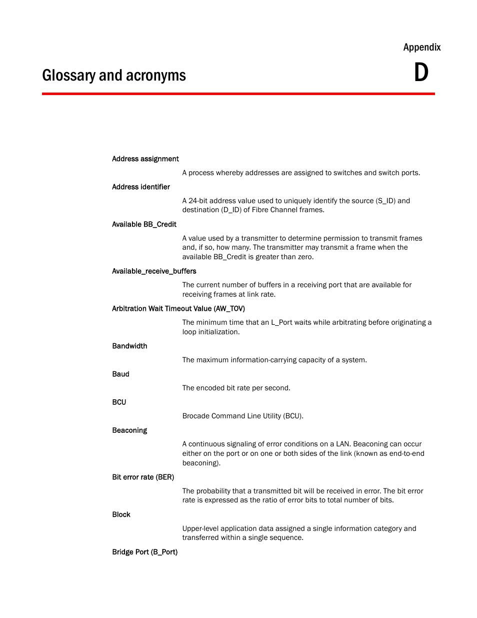 Glossary and acronyms, Appendix d, Appendix d, “glossary and acronyms | Appendix | Brocade Communications Systems CNA User Manual | Page 219 / 228