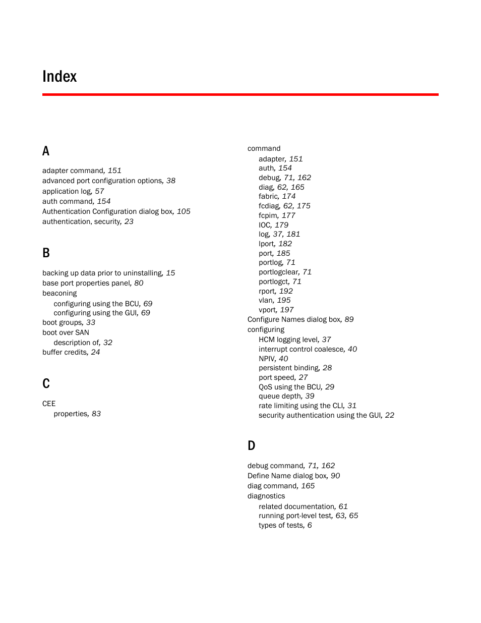 Index | Brocade Communications Systems CNA User Manual | Page 225 / 228