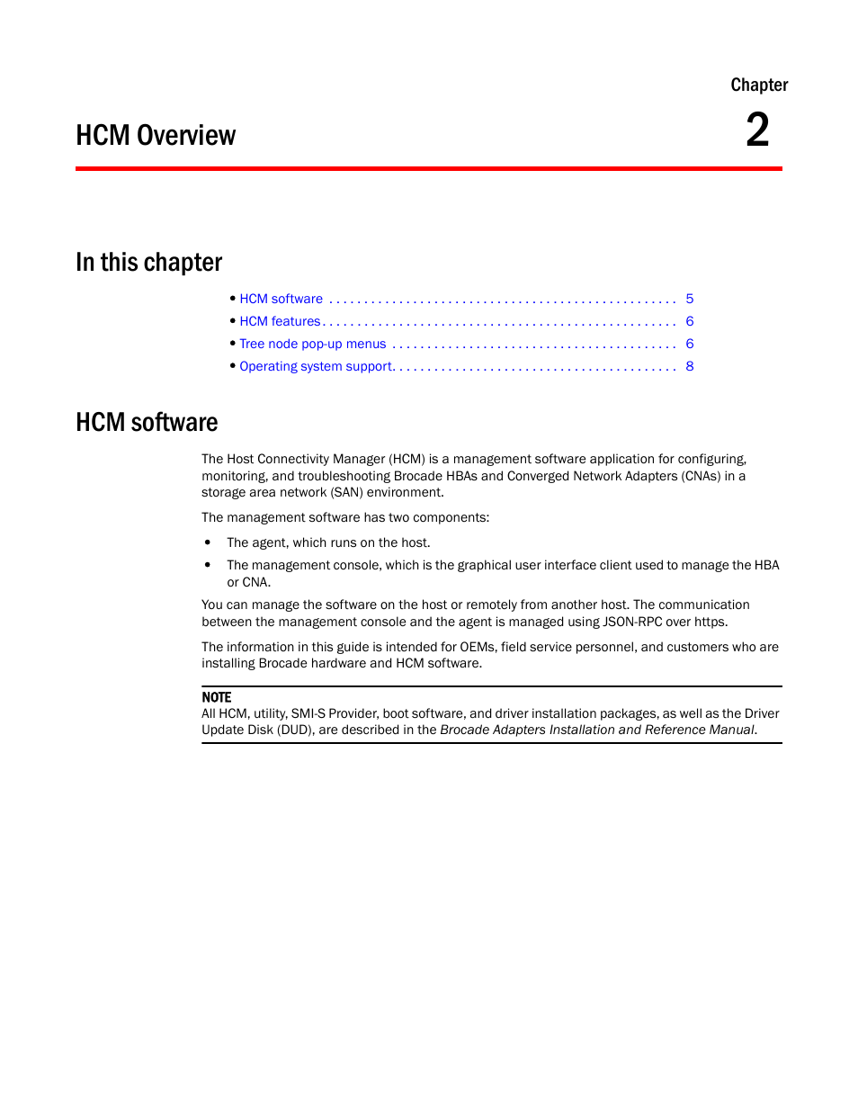 Hcm overview, In this chapter, Hcm software | Chapter 2, Chapter 2, “hcm overview | Brocade Communications Systems CNA User Manual | Page 23 / 228