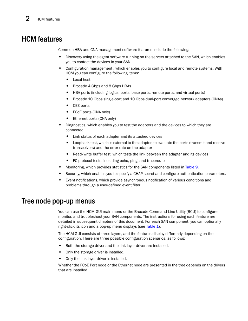 Hcm features, Tree node pop-up menus | Brocade Communications Systems CNA User Manual | Page 24 / 228