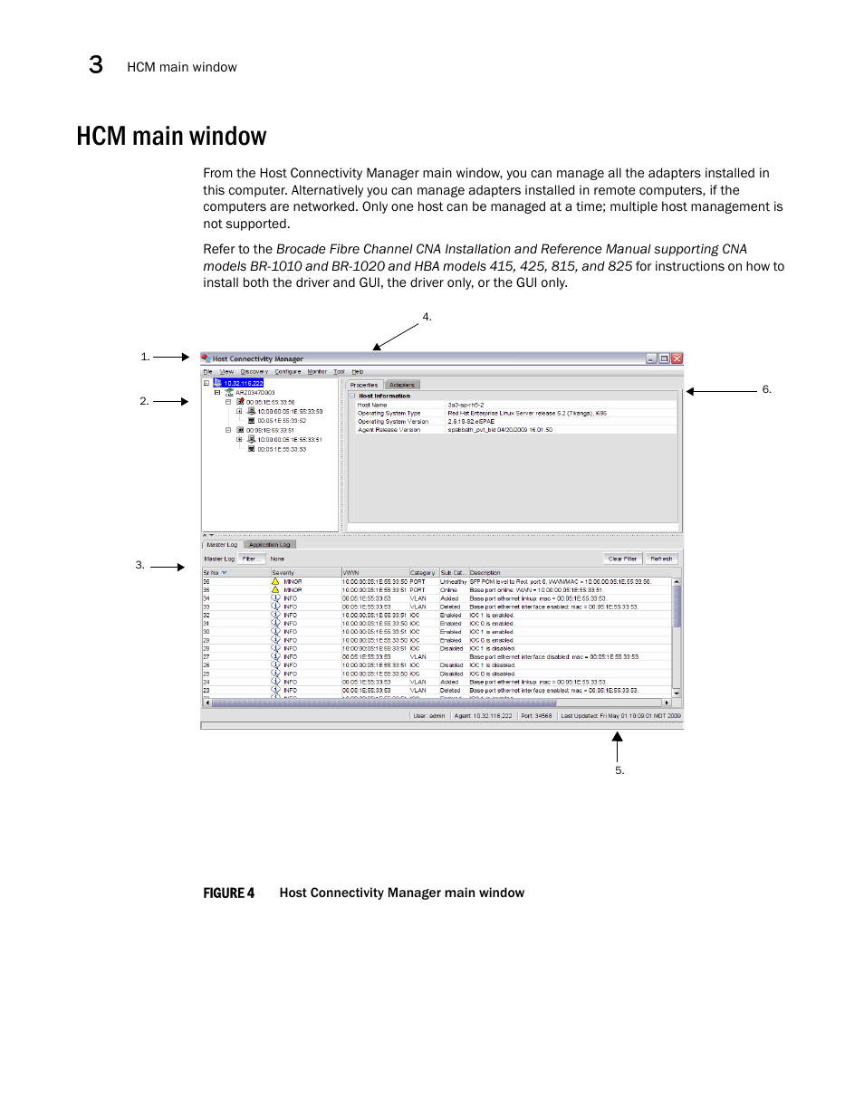 Hcm main window, Figure 4, Host conne | Brocade Communications Systems CNA User Manual | Page 34 / 228