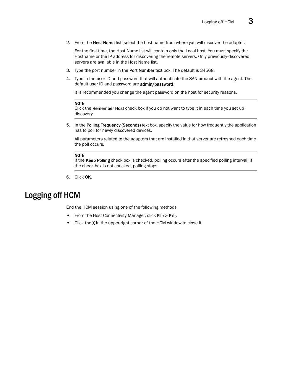 Logging off hcm | Brocade Communications Systems CNA User Manual | Page 37 / 228