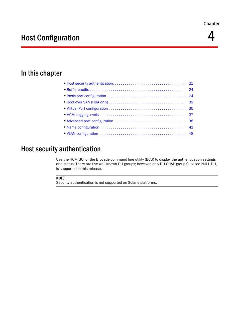 Host configuration, In this chapter, Host security authentication | Chapter 4, Chapter 4, “host configuration | Brocade Communications Systems CNA User Manual | Page 39 / 228