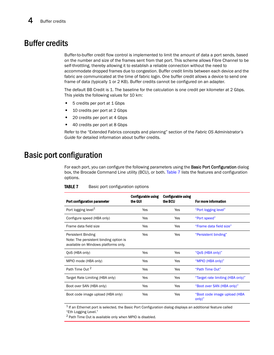 Buffer credits, Basic port configuration, Table 7 | Brocade Communications Systems CNA User Manual | Page 42 / 228