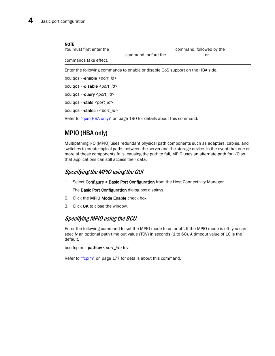 Mpio (hba only), Specifying the mpio using the gui, Specifying mpio using the bcu | Brocade Communications Systems CNA User Manual | Page 48 / 228