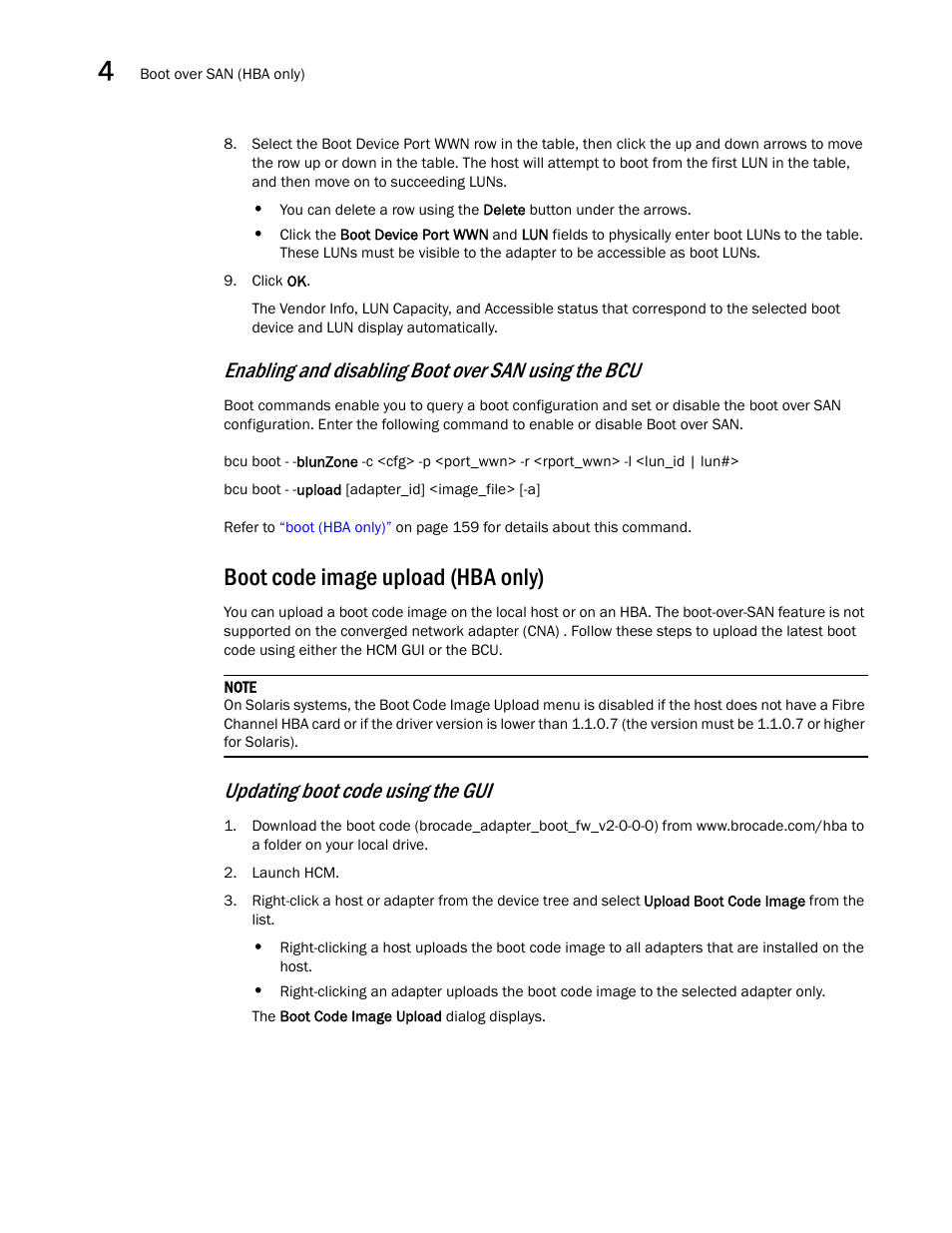 Boot code image upload (hba only), Enabling and disabling boot over san using the bcu, Updating boot code using the gui | Brocade Communications Systems CNA User Manual | Page 52 / 228
