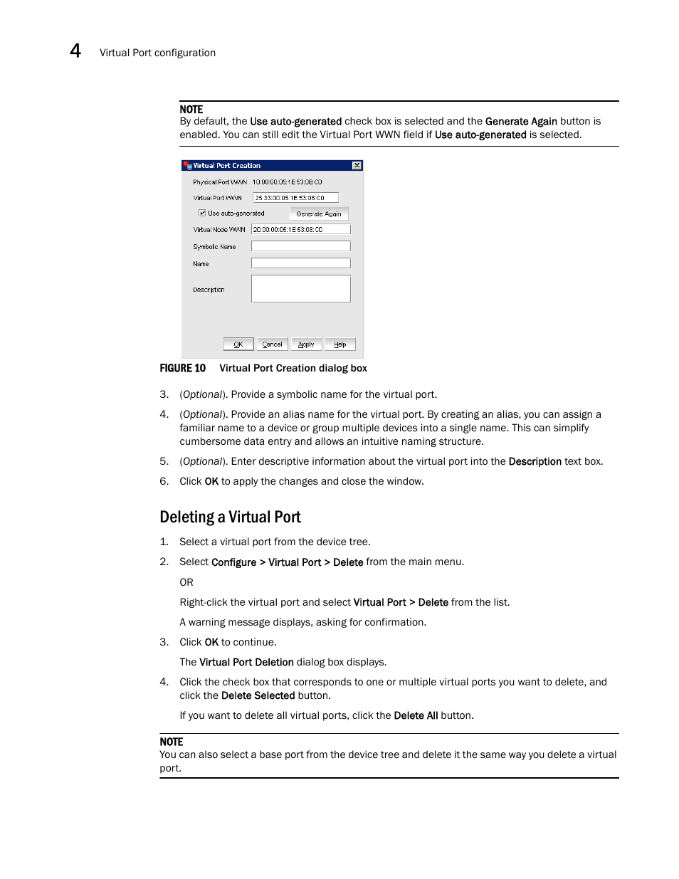 Deleting a virtual port, Figure 10, Virtual port creation dialog box | Brocade Communications Systems CNA User Manual | Page 54 / 228