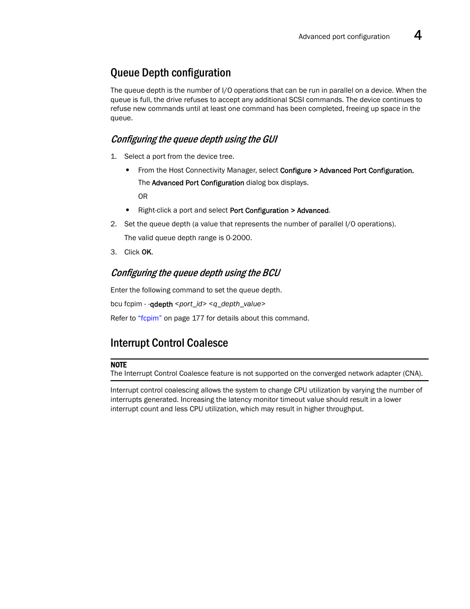 Queue depth configuration, Interrupt control coalesce, Configuring the queue depth using the gui | Configuring the queue depth using the bcu | Brocade Communications Systems CNA User Manual | Page 57 / 228