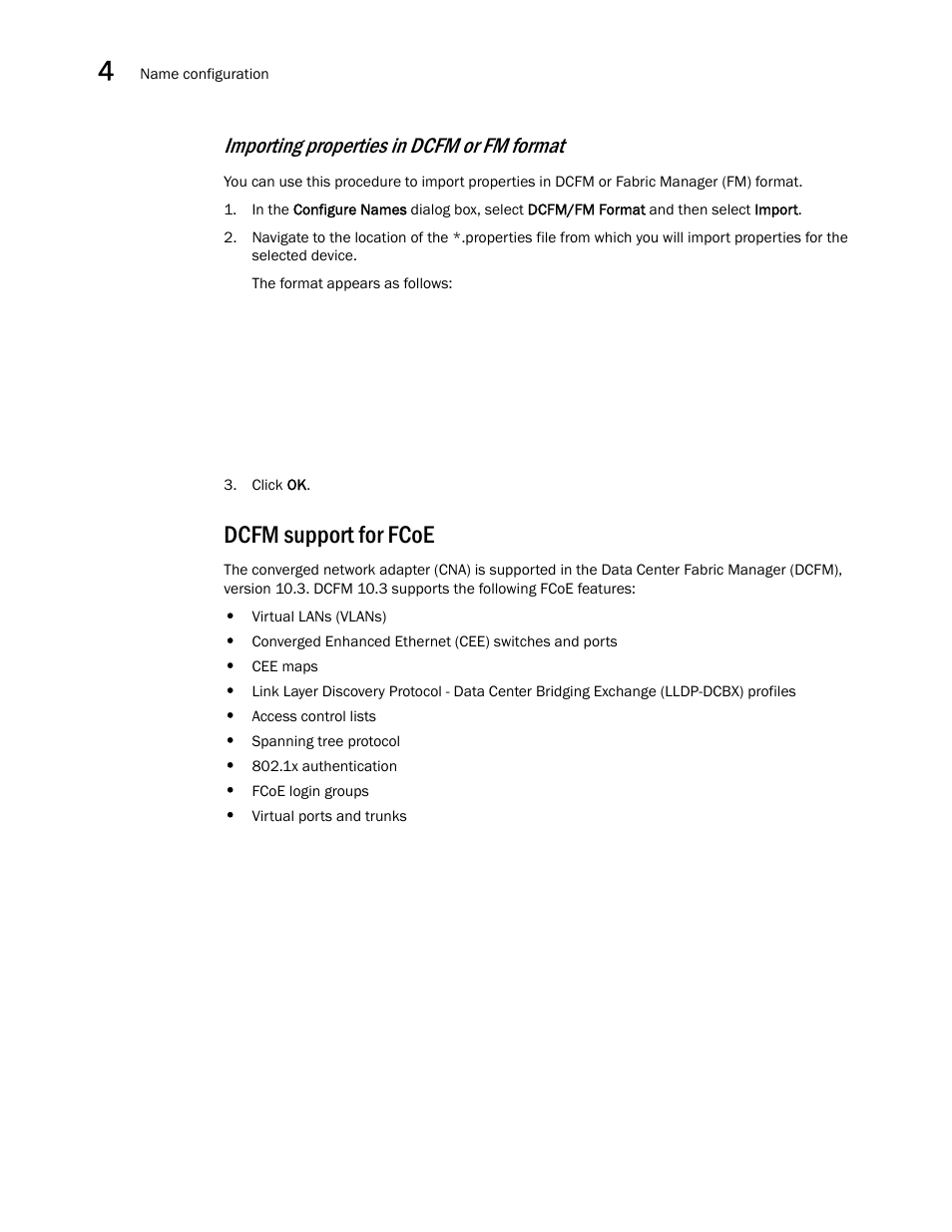 Dcfm support for fcoe, Importing properties in dcfm or fm format | Brocade Communications Systems CNA User Manual | Page 64 / 228