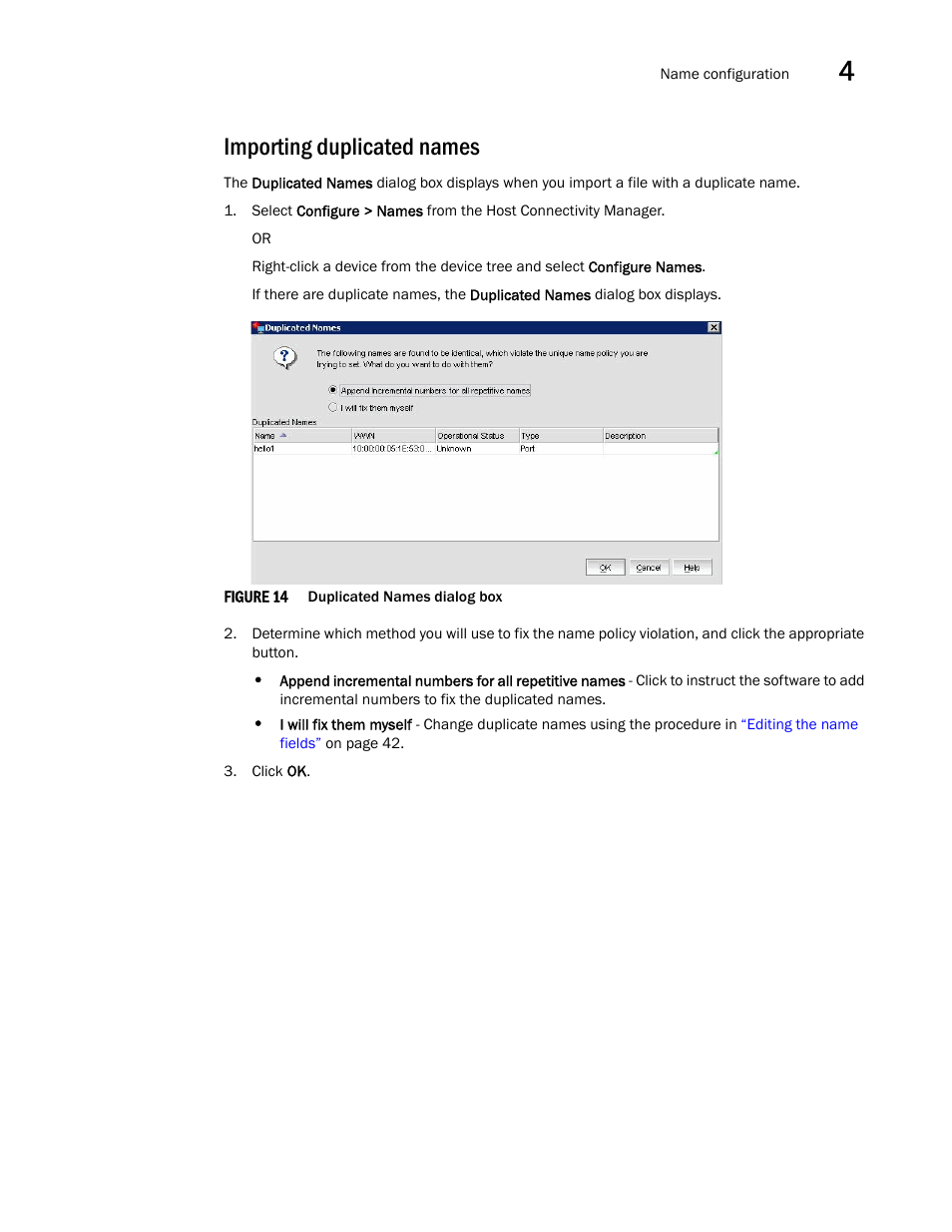 Importing duplicated names, Figure 14, Duplicated names d | Brocade Communications Systems CNA User Manual | Page 65 / 228