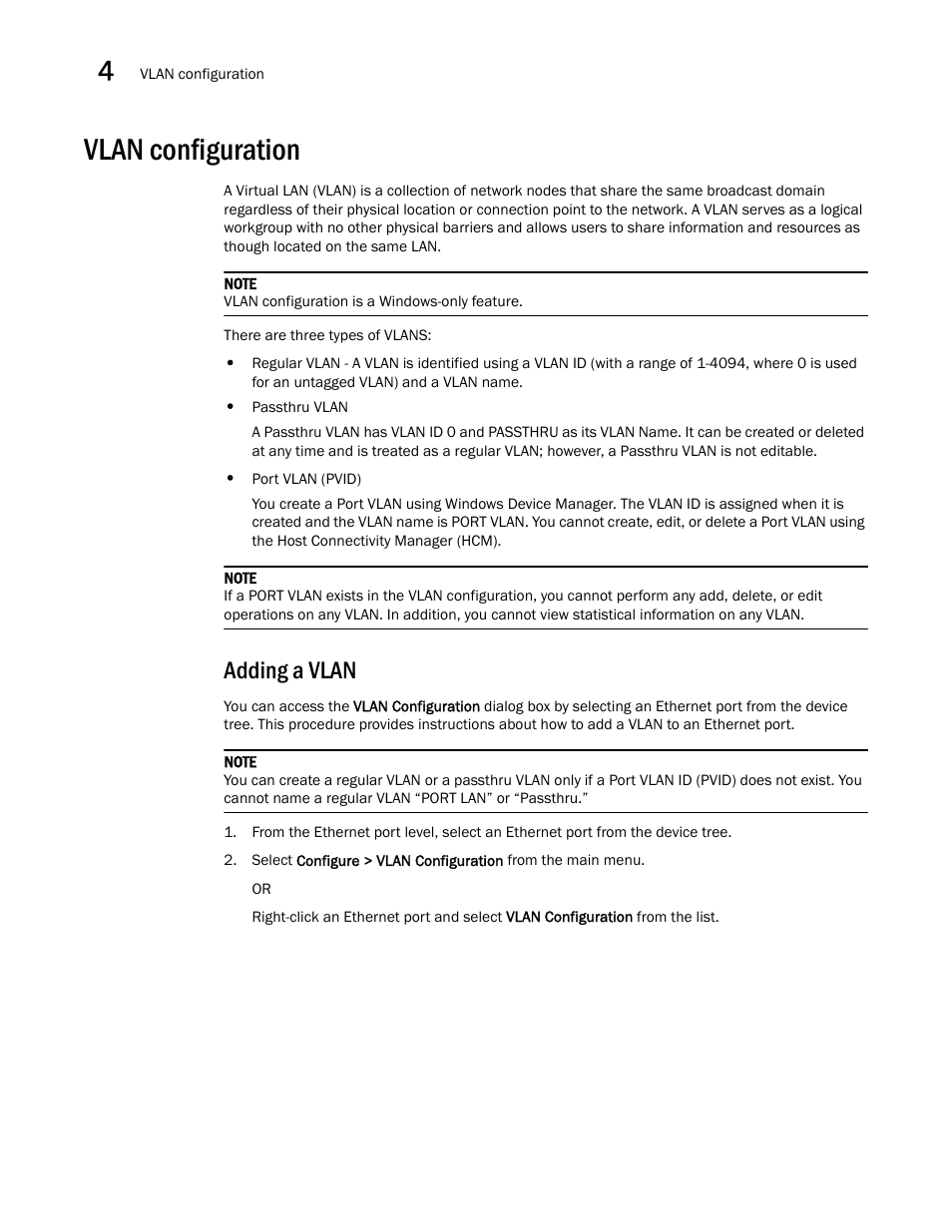 Vlan configuration, Adding a vlan | Brocade Communications Systems CNA User Manual | Page 66 / 228