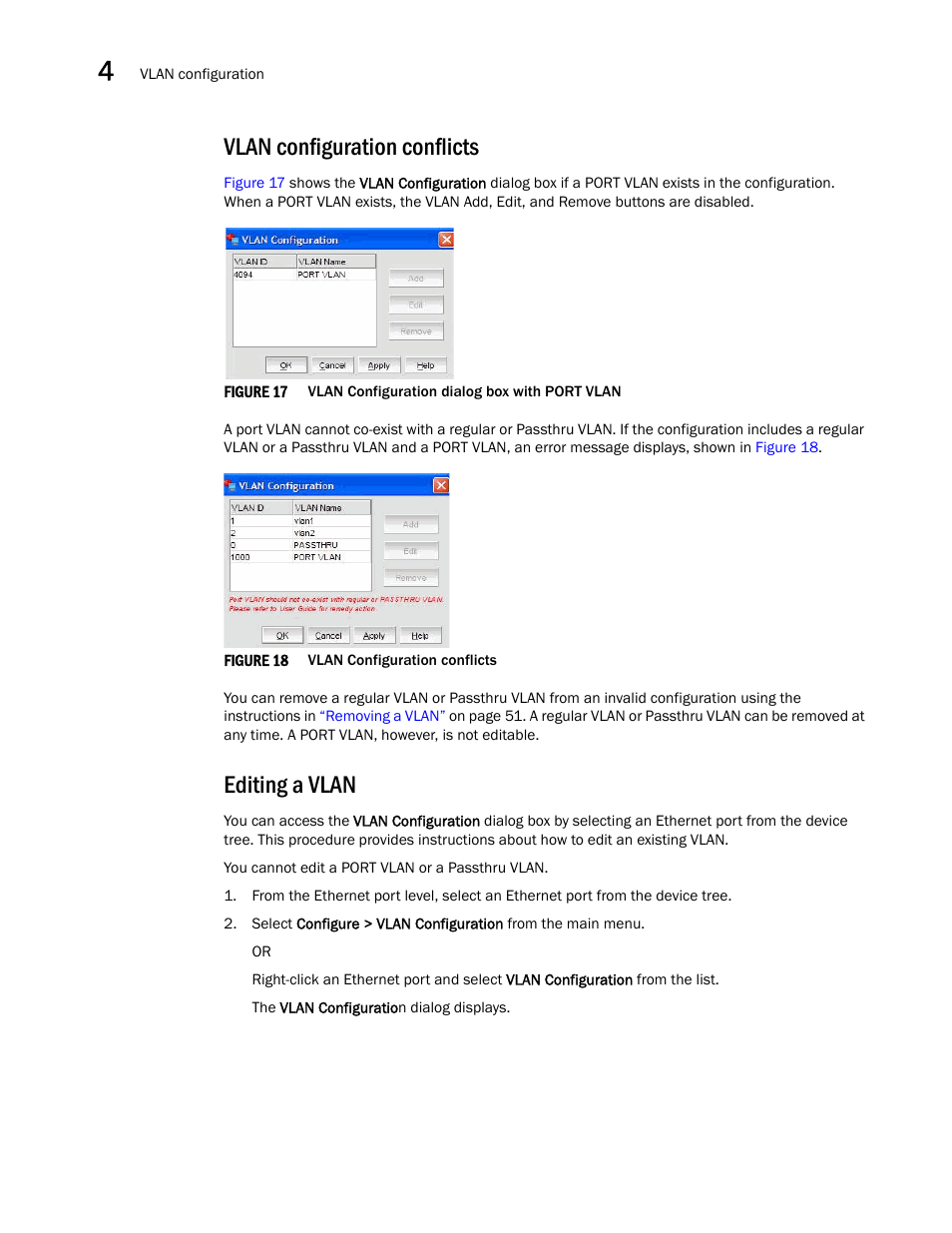 Vlan configuration conflicts, Editing a vlan, Figure 17 | Figure 18, Vlan | Brocade Communications Systems CNA User Manual | Page 68 / 228