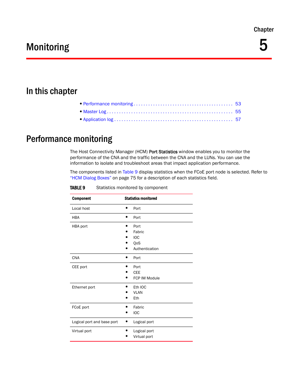 Monitoring, In this chapter, Performance monitoring | Chapter 5, Table 9, Chapter 5, “monitoring, Describe, Chapter | Brocade Communications Systems CNA User Manual | Page 71 / 228