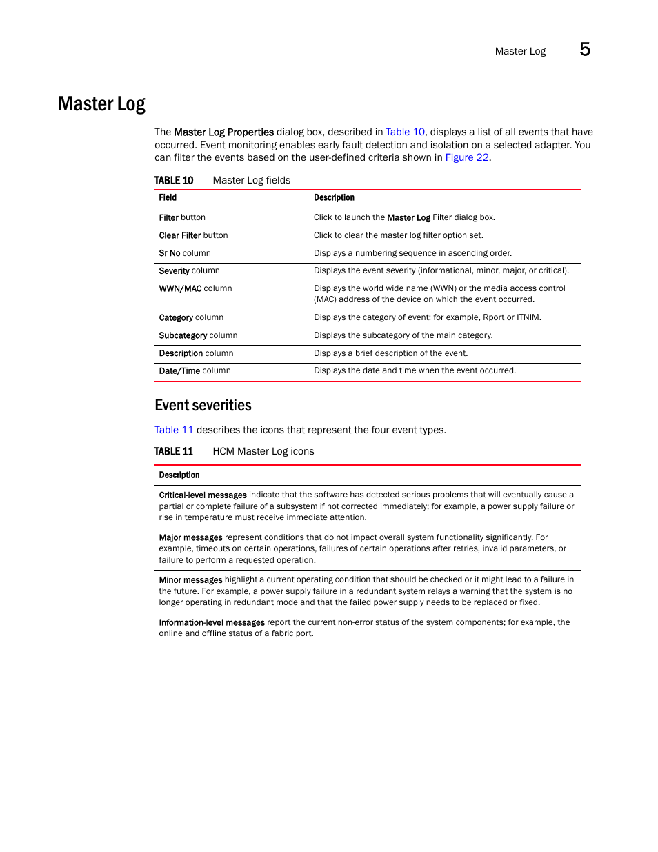 Master log, Event severities, Table 10 | Table 11 | Brocade Communications Systems CNA User Manual | Page 73 / 228