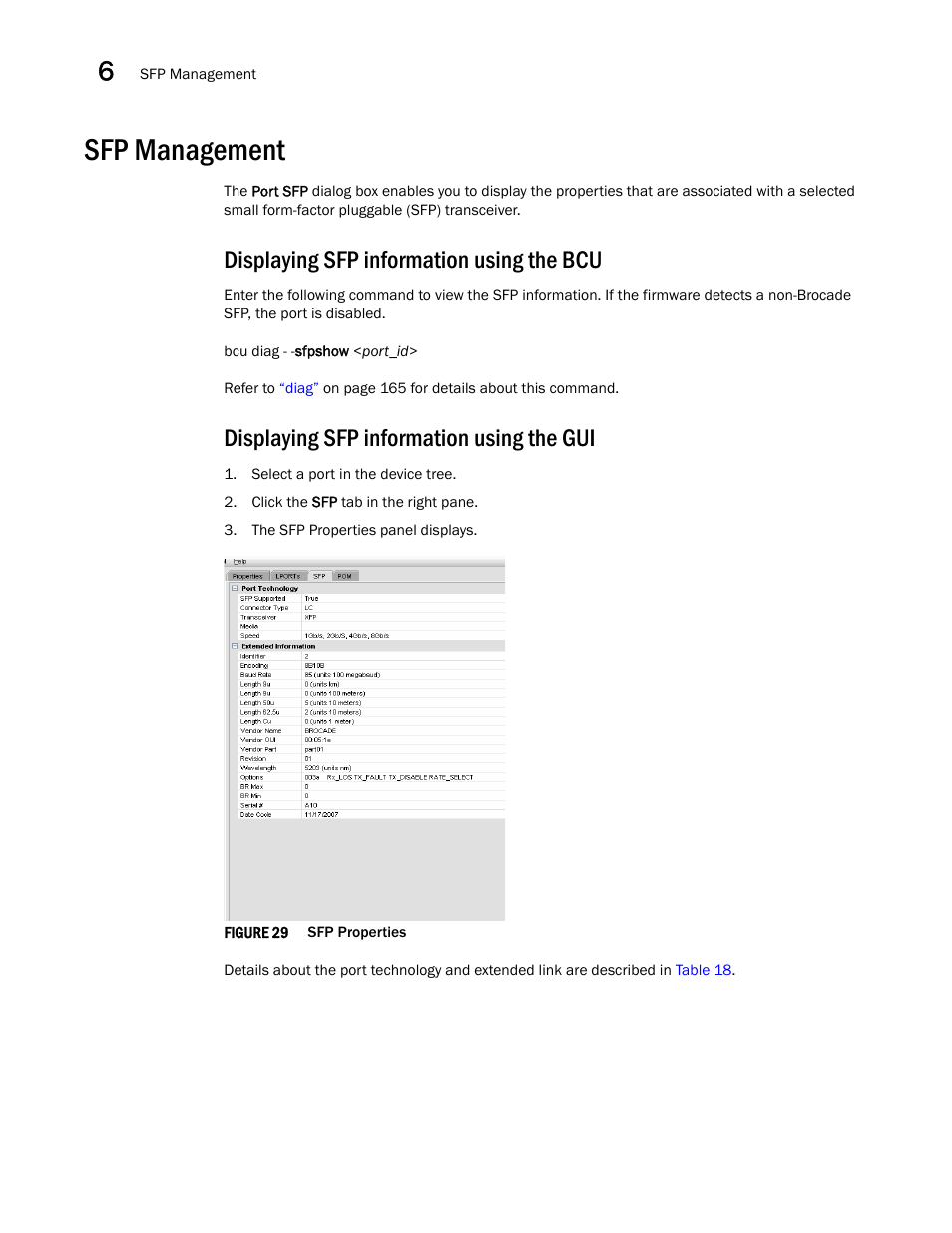 Sfp management, Displaying sfp information using the bcu, Displaying sfp information using the gui | Figure 29, Sfp proper | Brocade Communications Systems CNA User Manual | Page 88 / 228