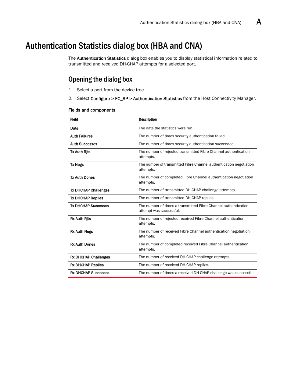 Authentication statistics dialog box (hba and cna), Opening the dialog box | Brocade Communications Systems CNA User Manual | Page 95 / 228