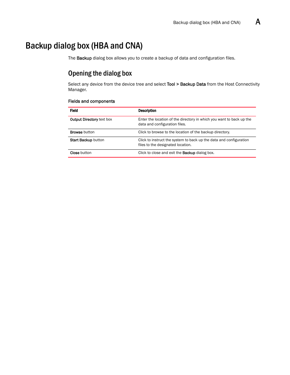 Backup dialog box (hba and cna), Opening the dialog box | Brocade Communications Systems CNA User Manual | Page 97 / 228