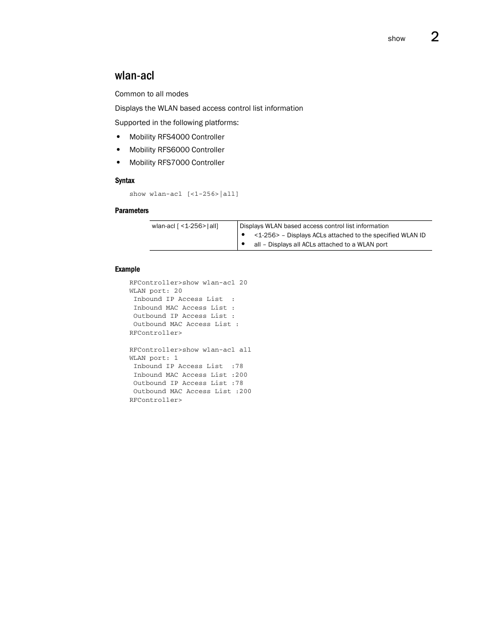 Wlan-acl | Brocade Communications Systems RFS6000 User Manual | Page 127 / 839