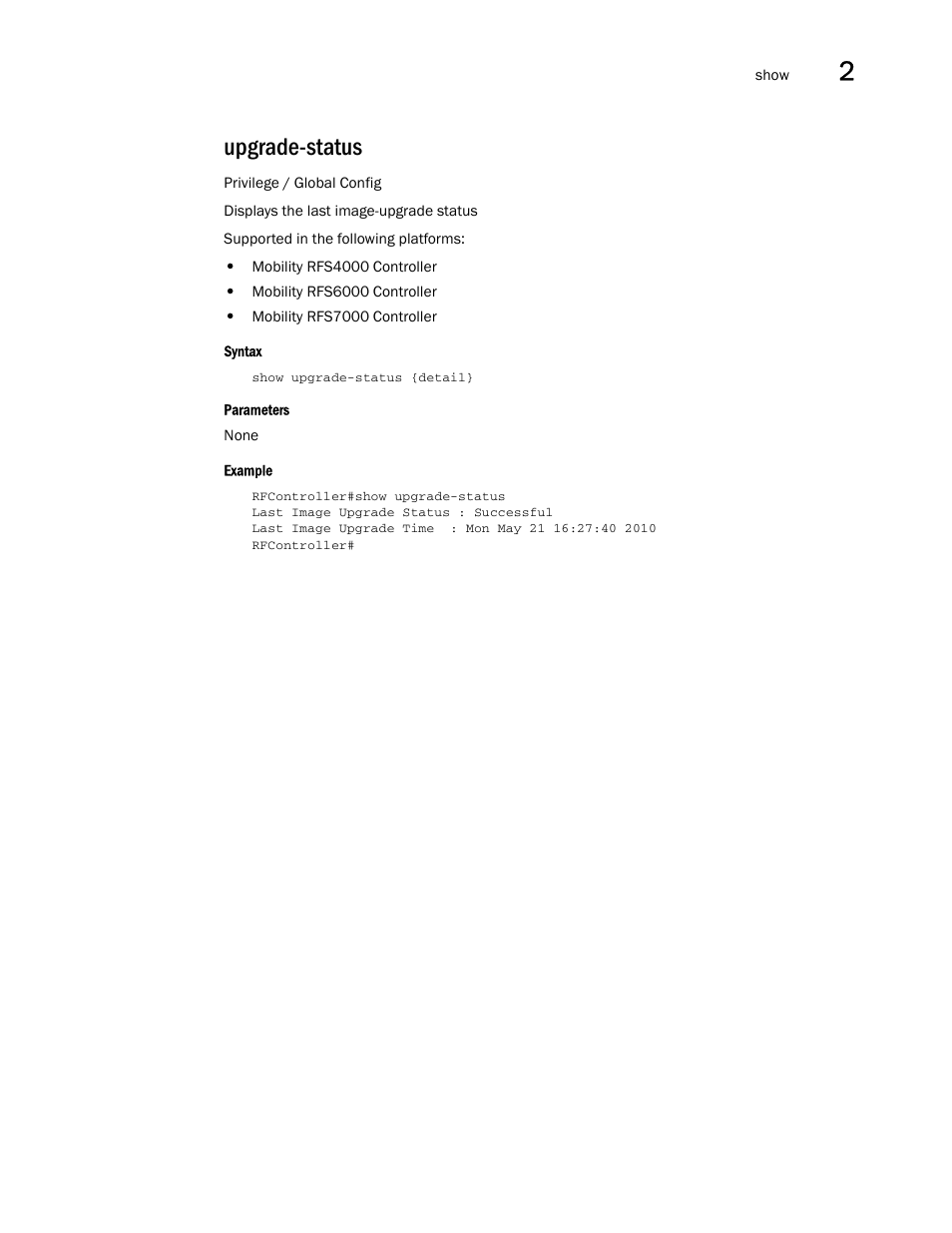 Upgrade-status | Brocade Communications Systems RFS6000 User Manual | Page 145 / 839