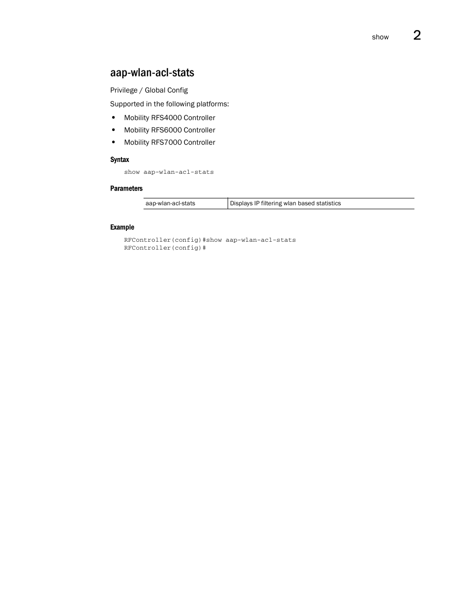 Aap-wlan-acl-stats | Brocade Communications Systems RFS6000 User Manual | Page 153 / 839