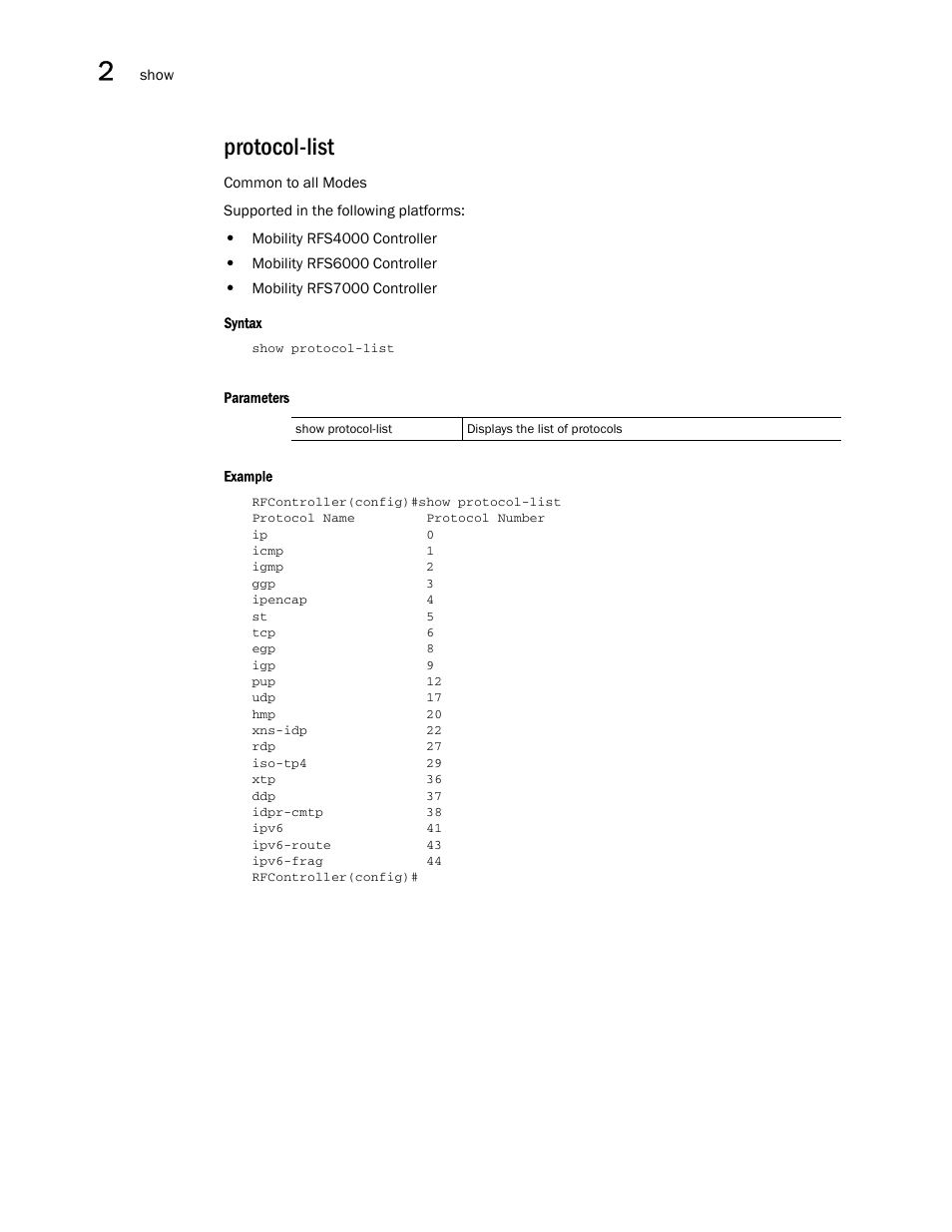 Protocol-list | Brocade Communications Systems RFS6000 User Manual | Page 154 / 839