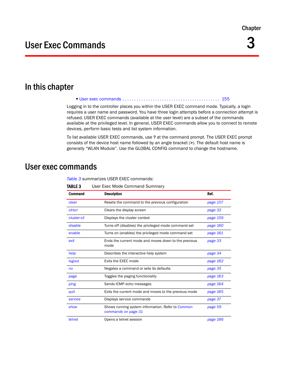 User exec commands, In this chapter, 3 user exec commands | In this chapter user exec commands, Chapter 3, “user exec commands, Chapter | Brocade Communications Systems RFS6000 User Manual | Page 157 / 839