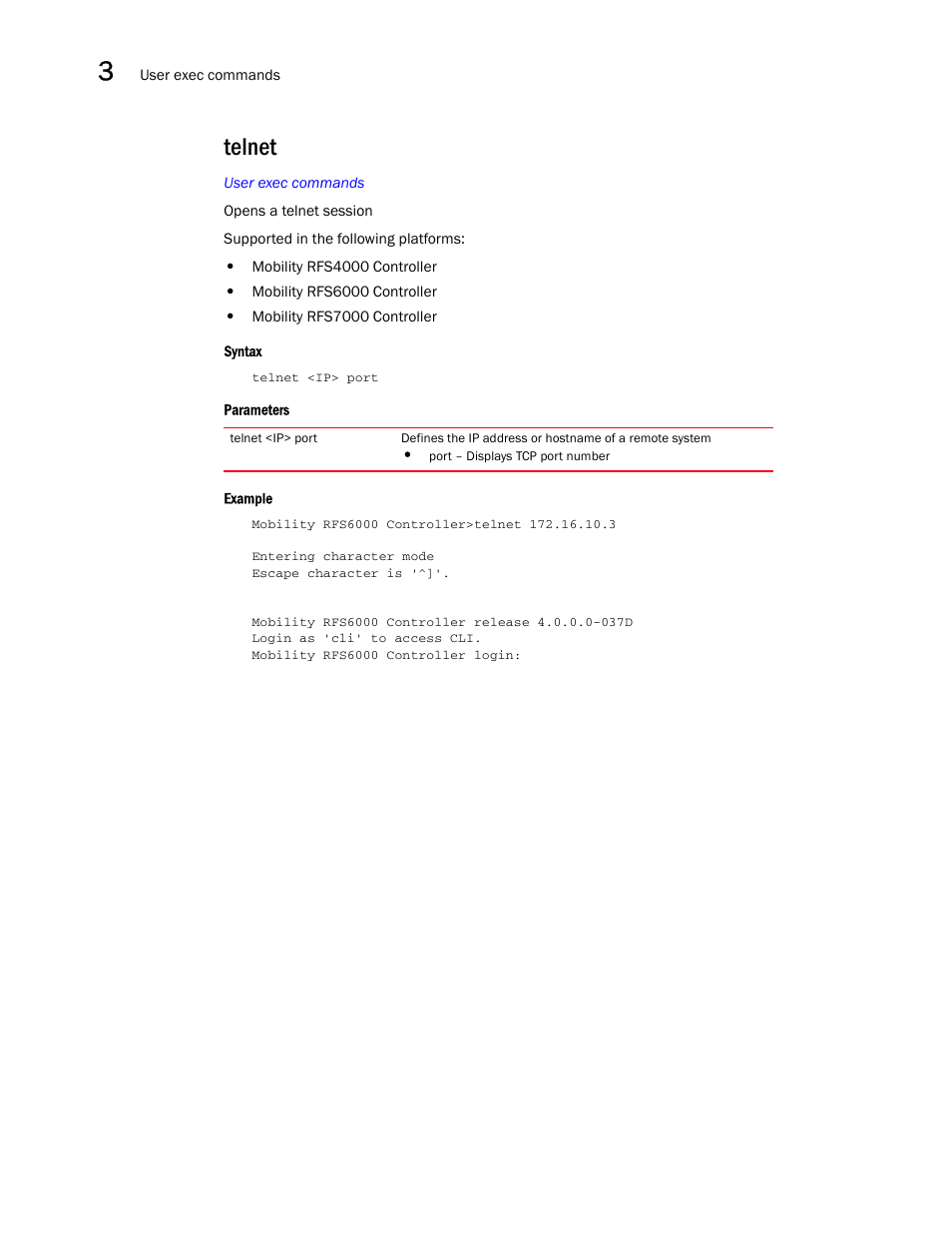 Telnet | Brocade Communications Systems RFS6000 User Manual | Page 168 / 839
