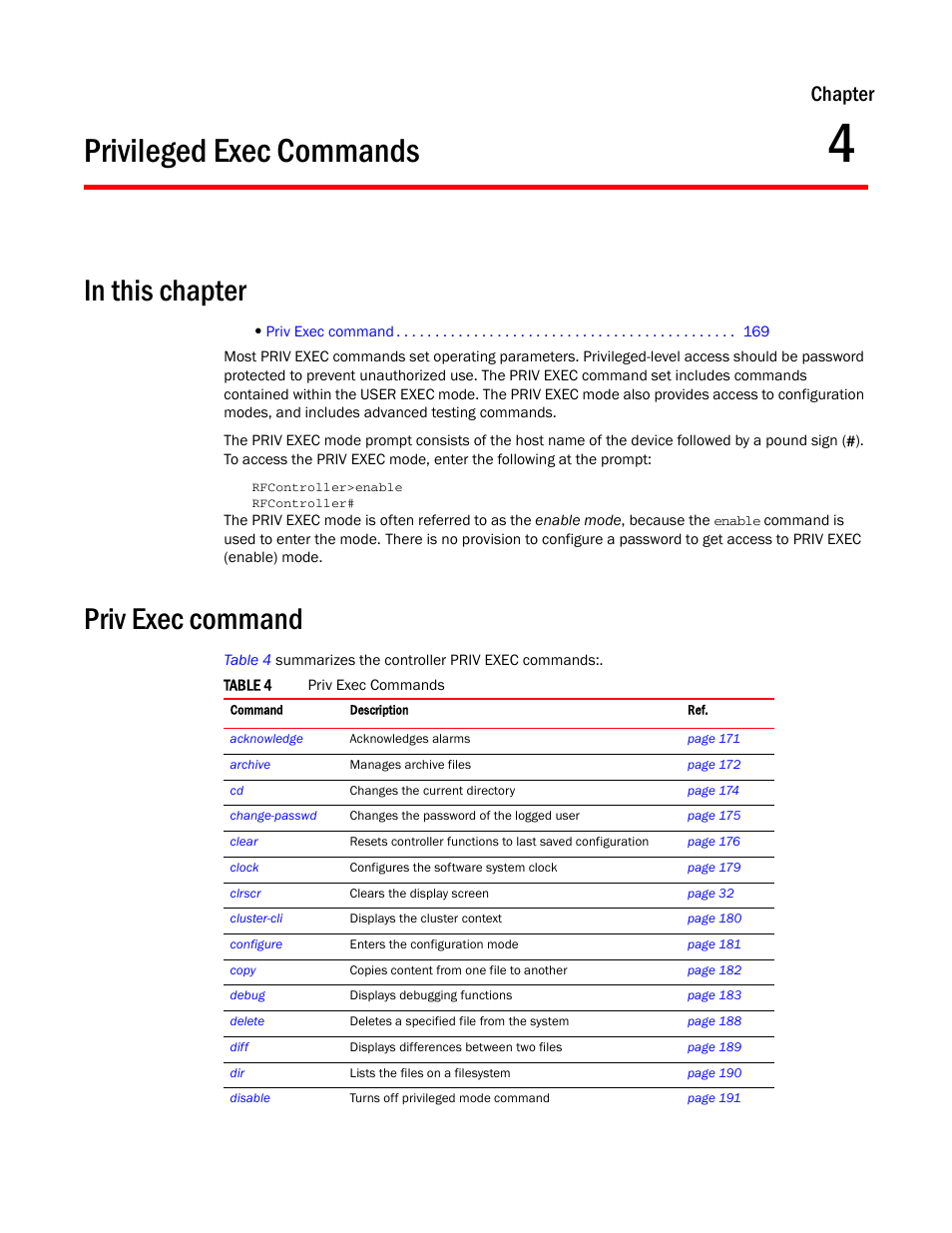 Privileged exec commands, In this chapter, Priv exec command | 4 privileged exec commands, In this chapter priv exec command, Chapter 4, “privileged exec commands, Chapter | Brocade Communications Systems RFS6000 User Manual | Page 171 / 839
