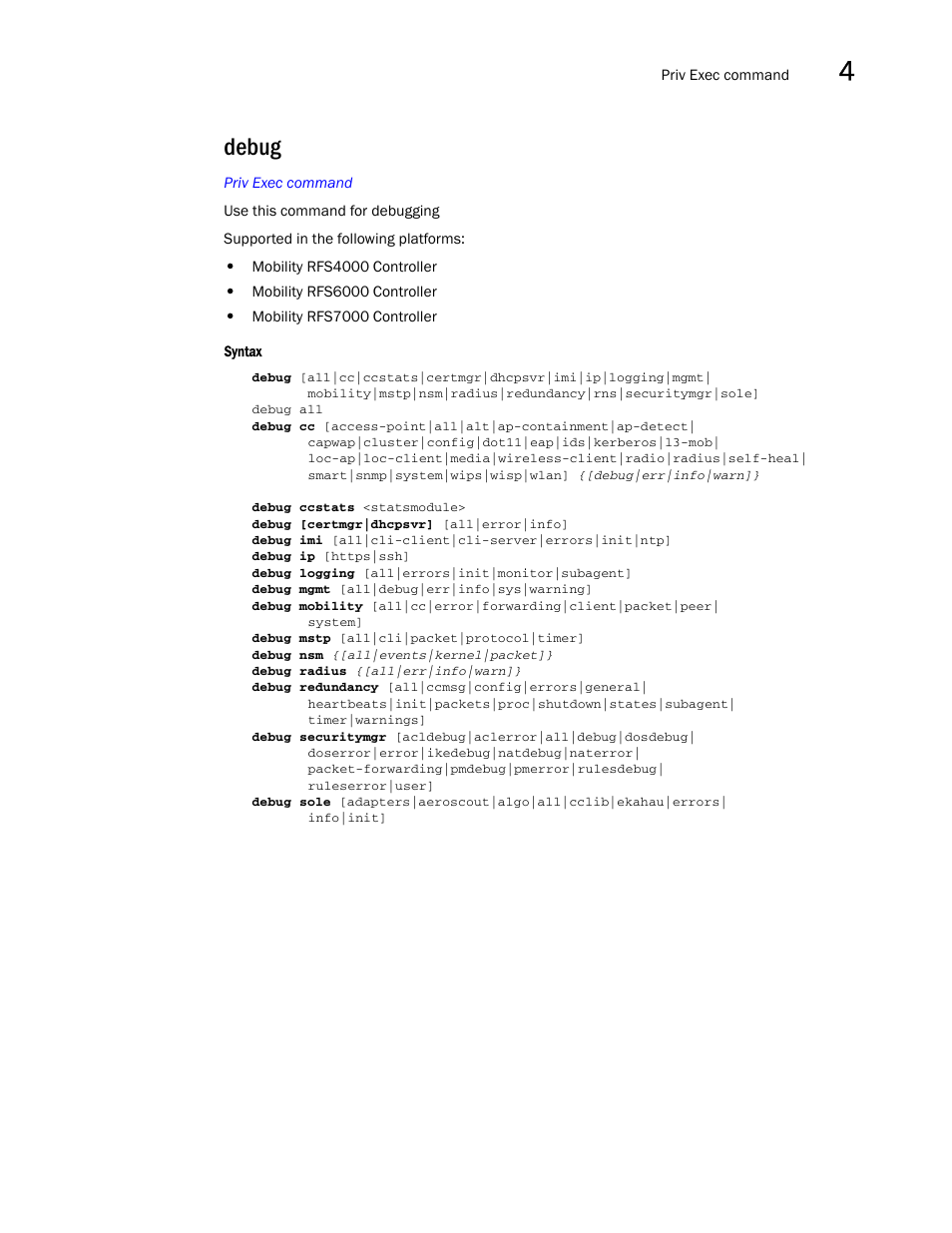 Debug | Brocade Communications Systems RFS6000 User Manual | Page 185 / 839