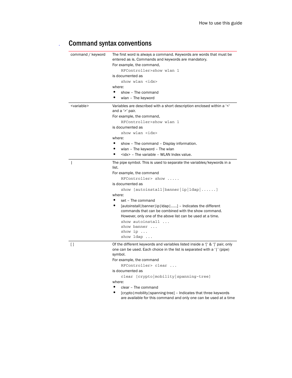 Command syntax conventions | Brocade Communications Systems RFS6000 User Manual | Page 19 / 839