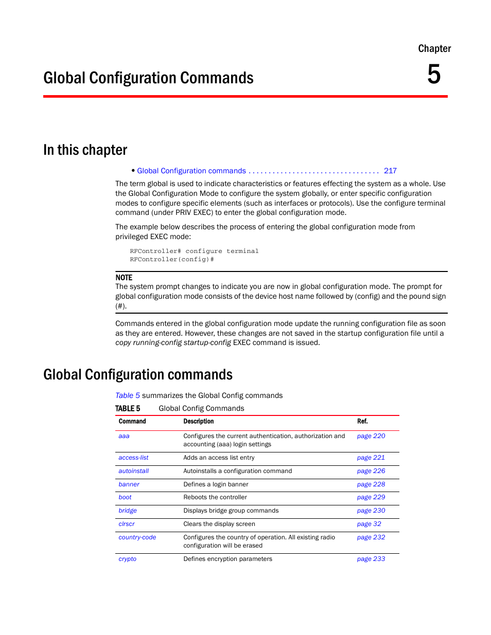 Global configuration commands, In this chapter, 5 global configuration commands | In this chapter global configuration commands, Chapter 5, “global configuration commands, Chapter | Brocade Communications Systems RFS6000 User Manual | Page 219 / 839