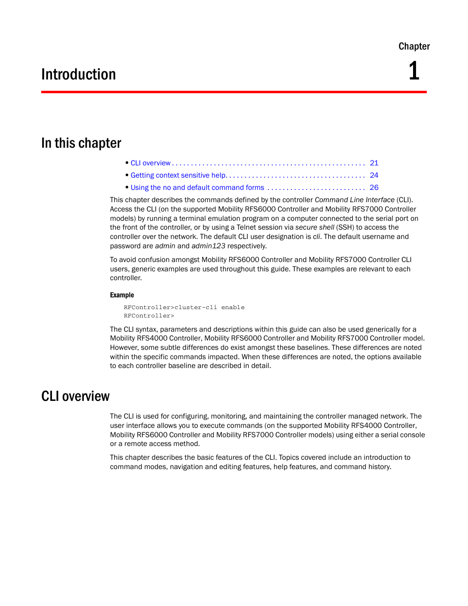 Introduction, In this chapter, Cli overview | 1 introduction, In this chapter cli overview, Chapter 1, “introduction | Brocade Communications Systems RFS6000 User Manual | Page 23 / 839