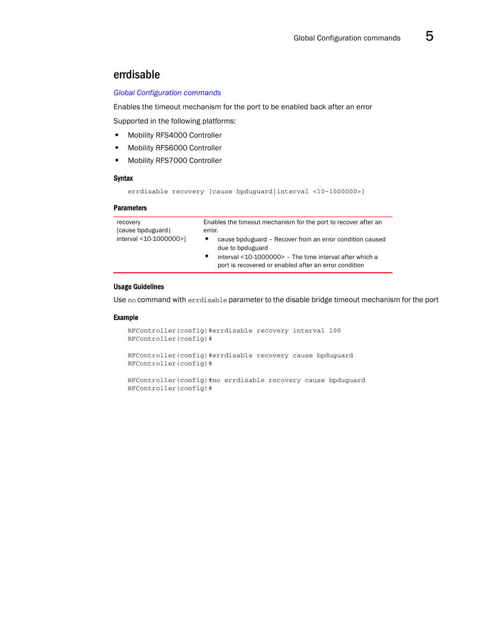 Errdisable | Brocade Communications Systems RFS6000 User Manual | Page 249 / 839