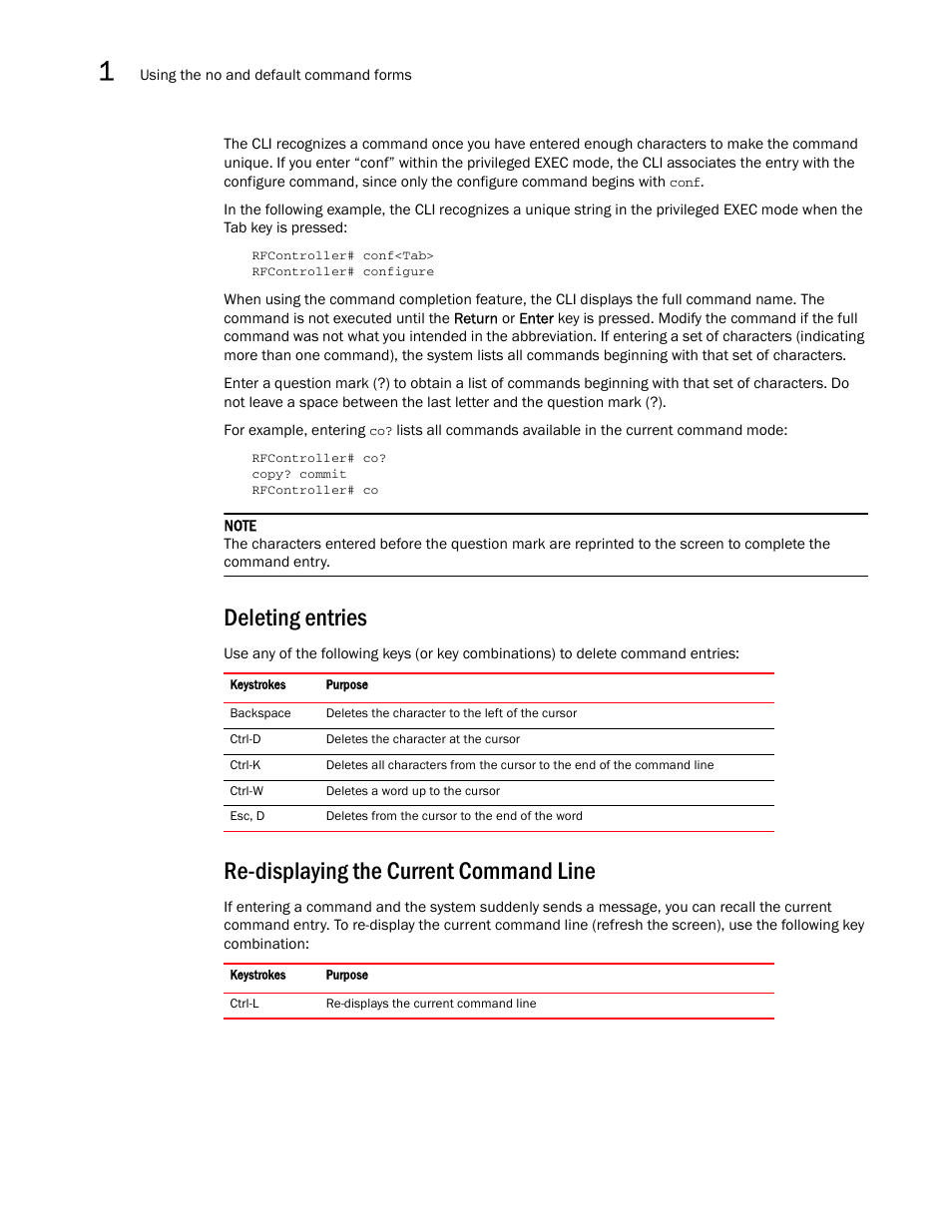 Deleting entries, Re-displaying the current command line | Brocade Communications Systems RFS6000 User Manual | Page 30 / 839