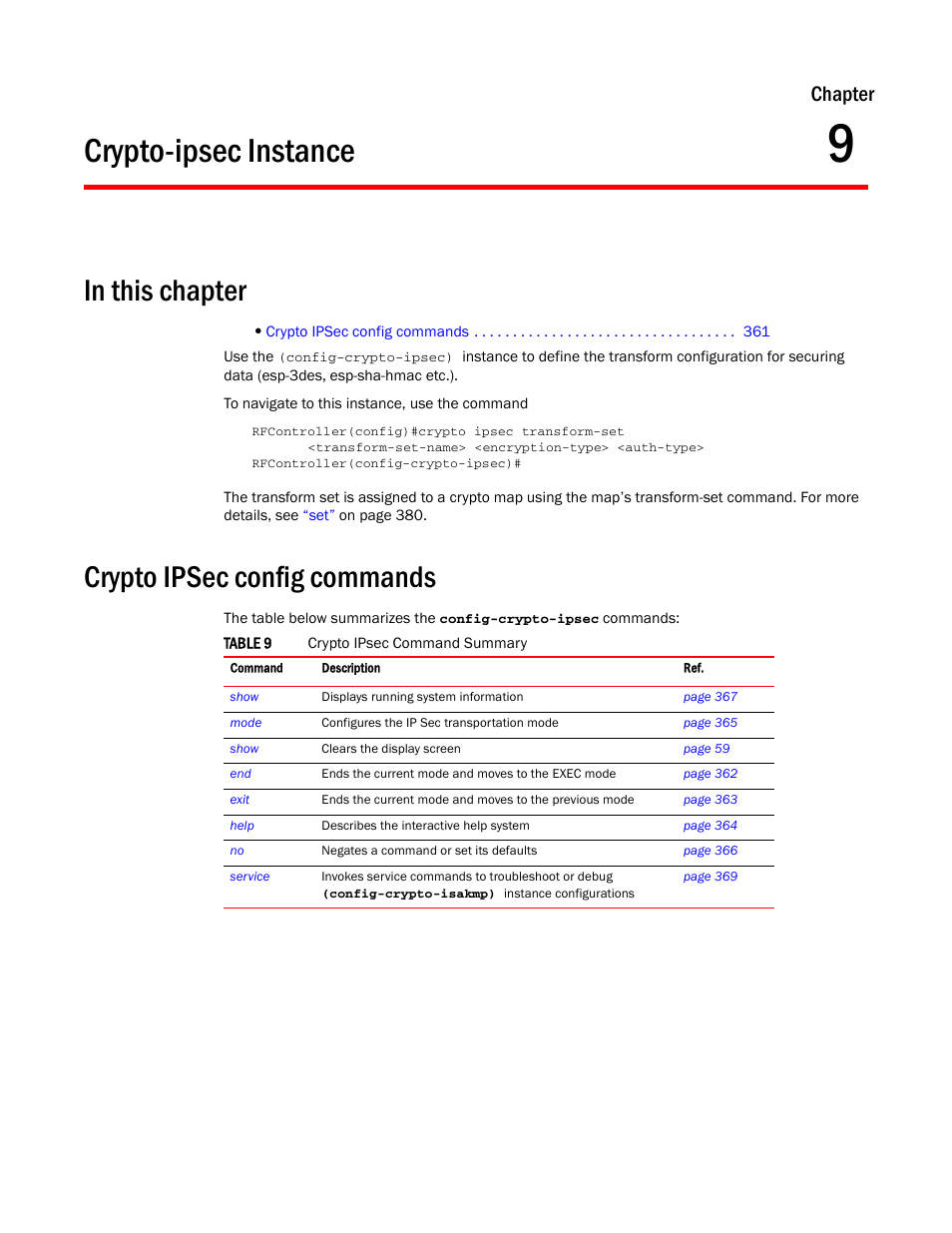 Crypto-ipsec instance, In this chapter, Crypto ipsec config commands | 9 crypto-ipsec instance, In this chapter crypto ipsec config commands, Chapter 9, “crypto-ipsec instance, Chapter | Brocade Communications Systems RFS6000 User Manual | Page 363 / 839