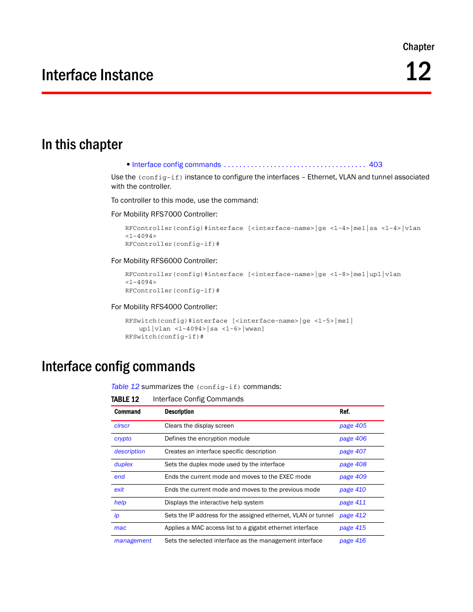 Interface instance, In this chapter, Interface config commands | 12 interface instance, In this chapter interface config commands, Chapter 12, “interface instance, Chapter | Brocade Communications Systems RFS6000 User Manual | Page 405 / 839