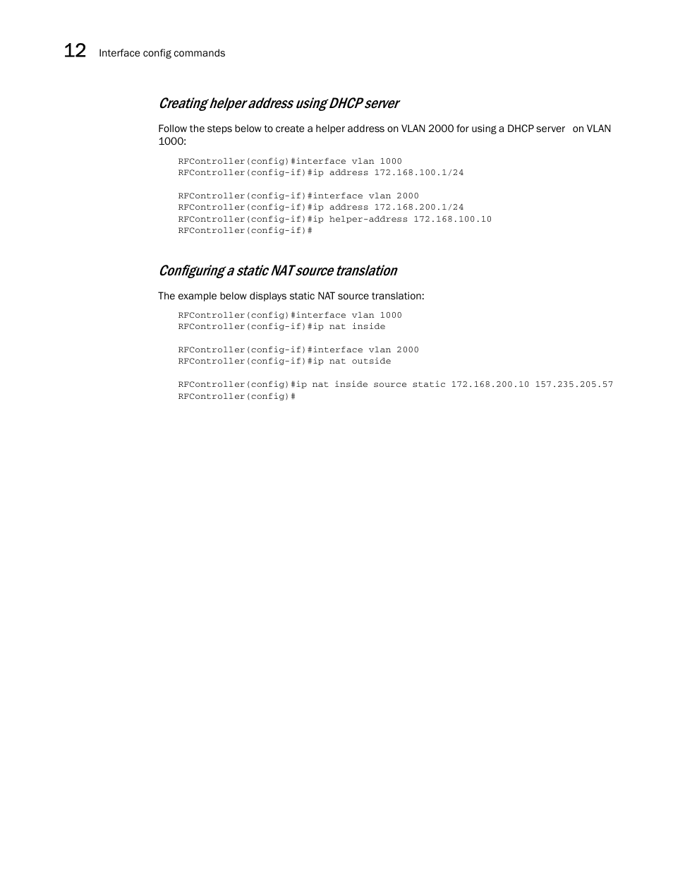 Creating helper address using dhcp server, Configuring a static nat source translation | Brocade Communications Systems RFS6000 User Manual | Page 416 / 839