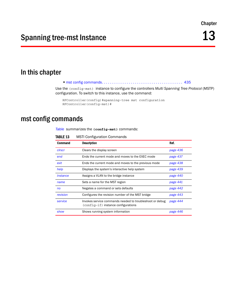 Spanning tree-mst instance, In this chapter, Mst config commands | 13 spanning tree-mst instance, In this chapter mst config commands, Chapter 13, “spanning tree-mst instance, Chapter | Brocade Communications Systems RFS6000 User Manual | Page 437 / 839