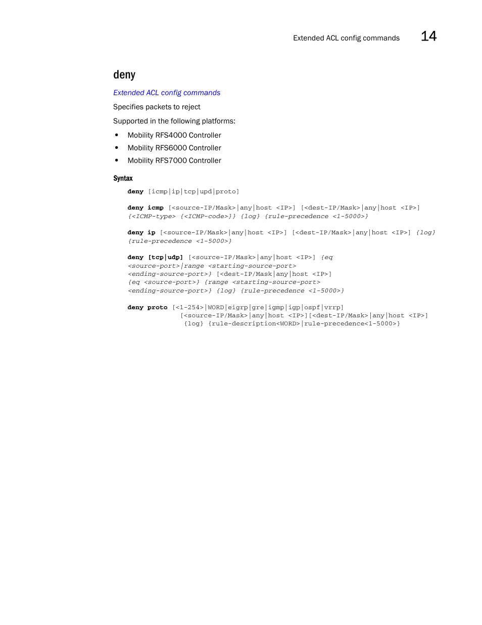 Deny | Brocade Communications Systems RFS6000 User Manual | Page 453 / 839
