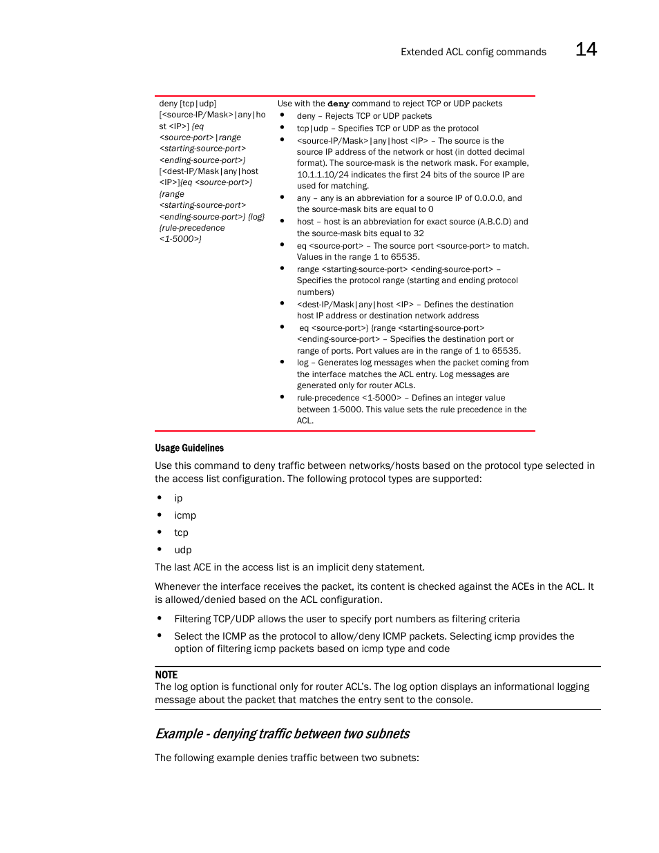 Example - denying traffic between two subnets | Brocade Communications Systems RFS6000 User Manual | Page 455 / 839